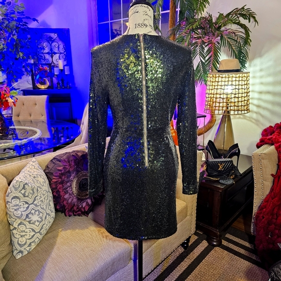 Green Sequin Glam Long Sleve Formal Short Dress with Gold Zipper Detail size M - Picture 4 of 16